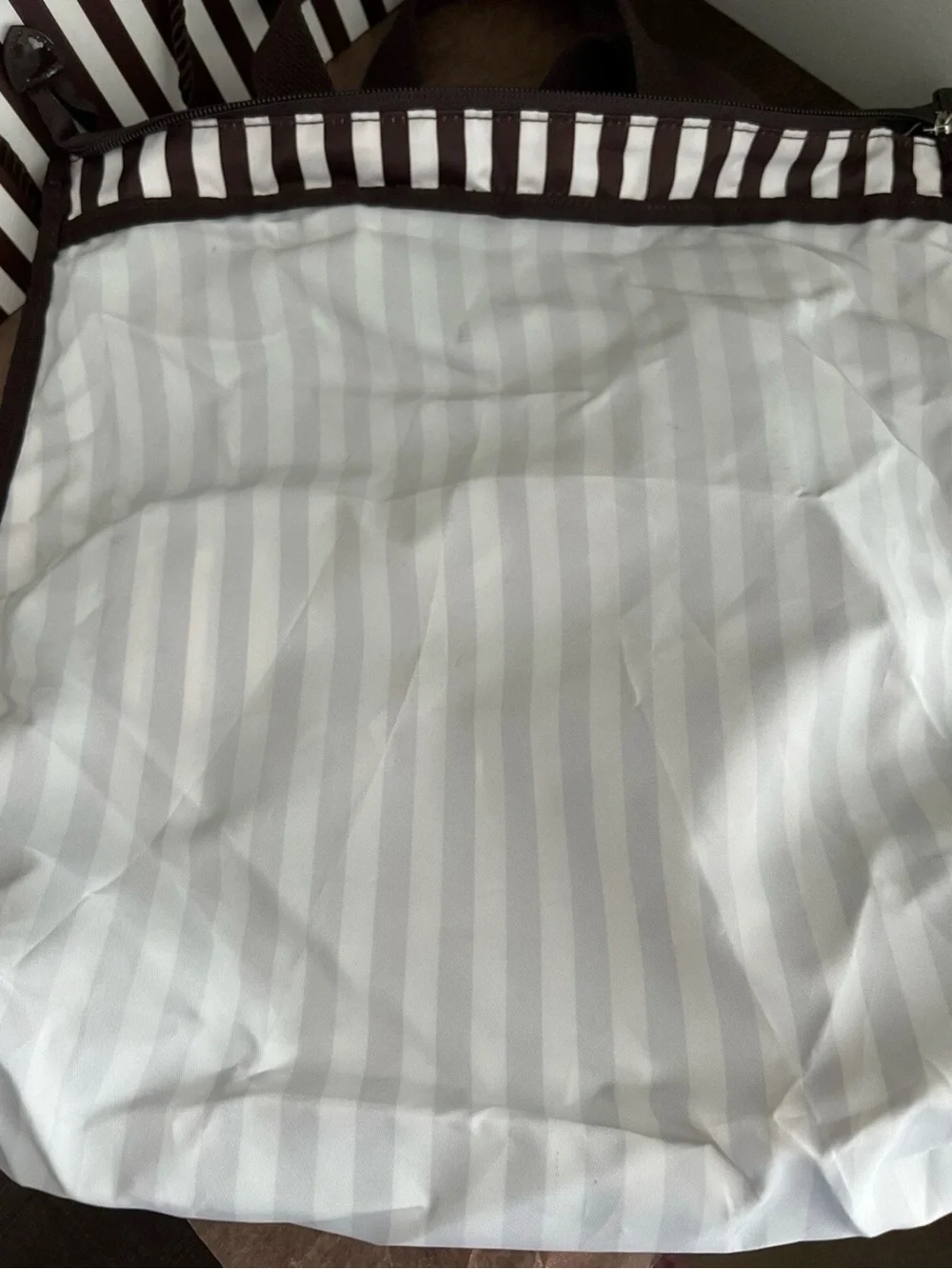 Henri Bendel Brown and White Striped packable backpack, lightweight, zip around
